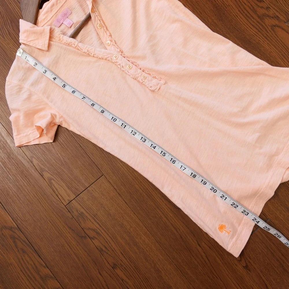 Lilly Pulitzer Womens XS Peach Pima Cotton Ruffle Slub Knit Polo Shirt Palm Tree